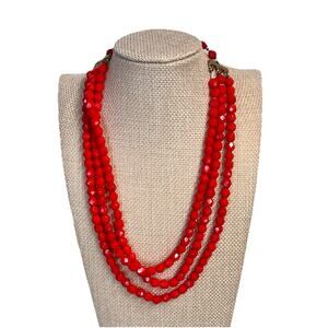 Vintage Laguna Red Gold Beads Glass Triple Strand Necklace 16" Long (#B6)